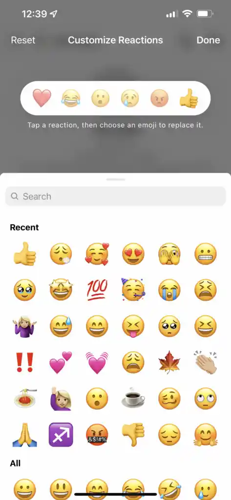 customize reactions on Instagram