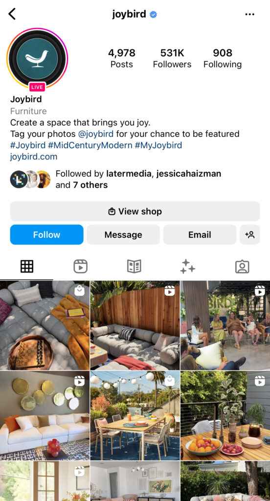 Joybird Instagram Page Quality Content