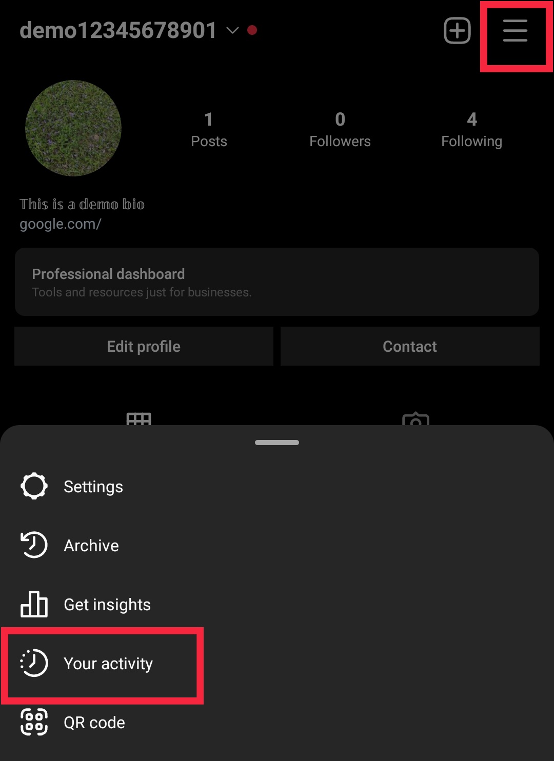 Instagram profile Menu Option