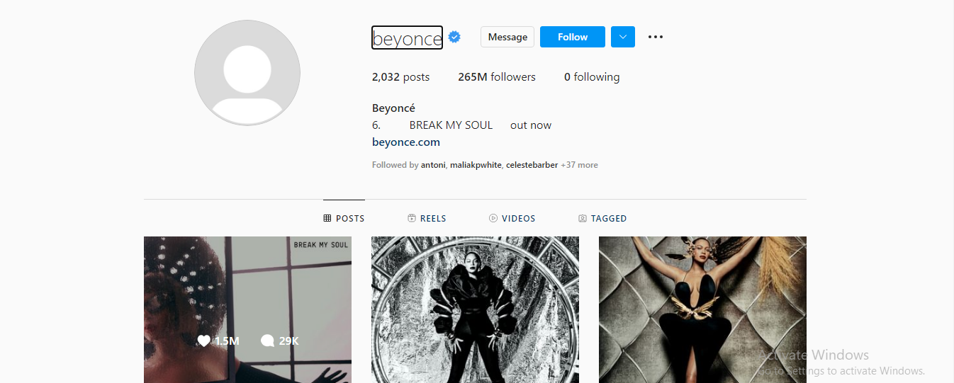 Beyonce instagram account