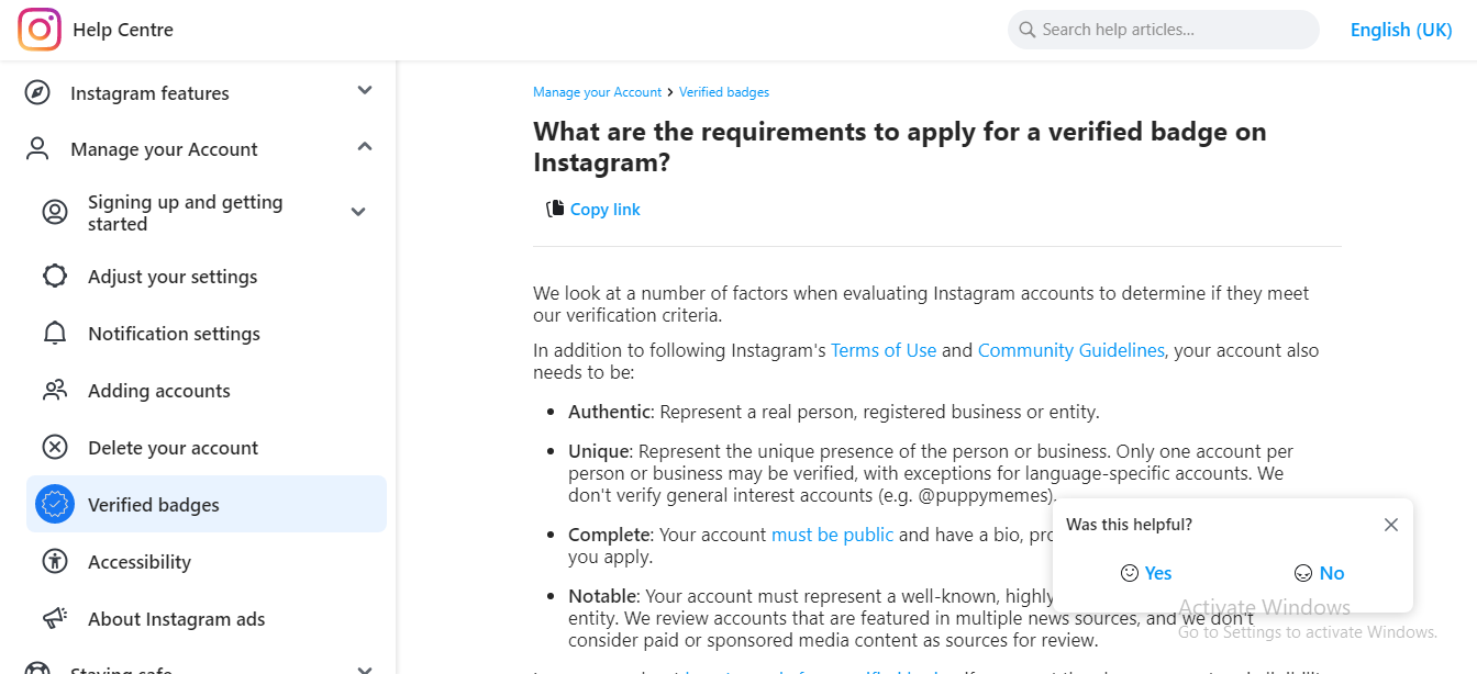 criteria to get verified on instagram