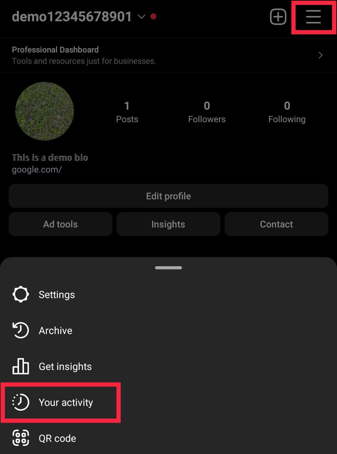 your activity option in instagram profile