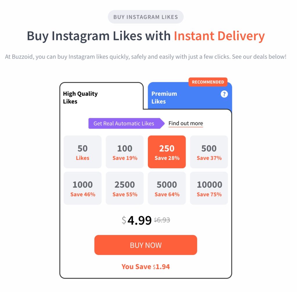 Instagram likes pricing buzzoid